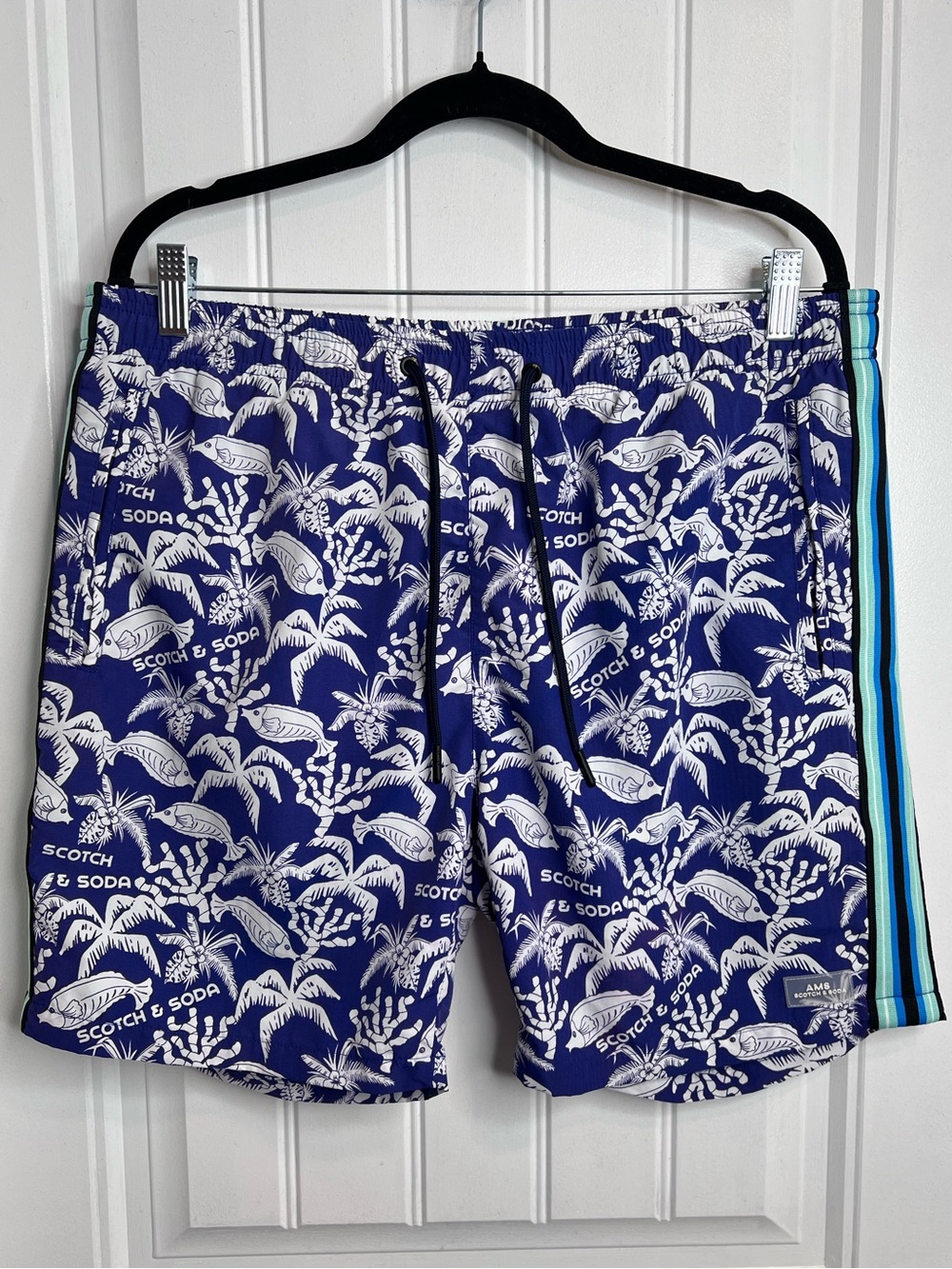 Scotch & Soda Royal Blue Tropical Swim Trunks with Side‎ Stripes. Size XL.